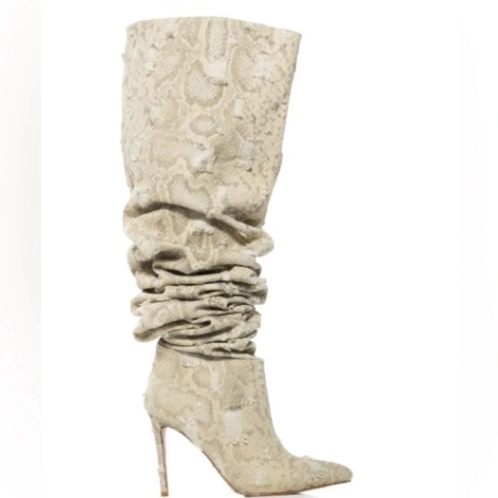 Azalea Wang Cream Ambivert Vegan Snakeskin Thigh High Boots